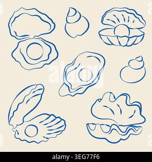Handgezeichnete Unterwasser-Kreaturen, Muscheln, Weichtiere und Perlenaustern im Stil von Linienkunstkritzelten für Hochzeiten oder Veranstaltungen Stock Vektor