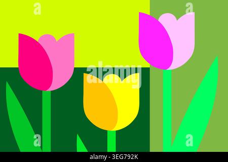 Lebendige Illustration von drei farbenfrohen Tulpen in einer Gartenumgebung mit grünen Blättern und Stielen Stock Vektor