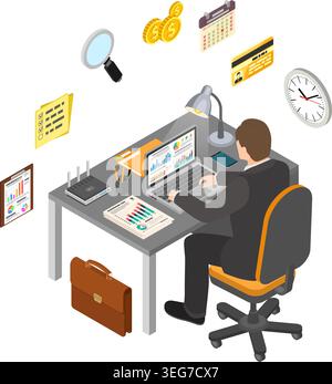 Isometrisches Konzept Für Auditing, Tax, Accounting. Der Prüfer arbeitet am Laptop und prüft den Finanzbericht. Karten, Lupe, Router und Smartphone isometrie i Stock Vektor