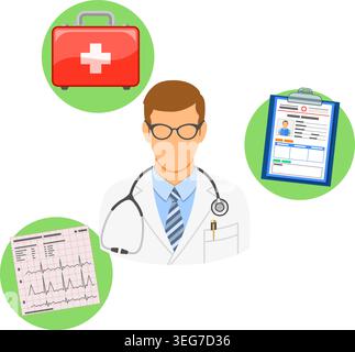 Medizinisches quadratisches Banner Arzt mit flachen Symbolen Kardiogramm, Patientenakte und erste-Hilfe-Set. Vektorabbildung Stock Vektor