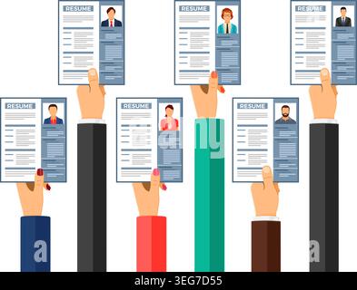 Arbeitsvermittlungsarbeit, Personalwesen und Einstellungskonzept. Übergibt Arbeitssuchende, Bewerber für Position sperren Lebenslauf. Isolierte Vektordarstellung Stock Vektor