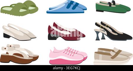 Kollektion von Sommerschuhen für Damen. Paar Flip-Flops, Mokassins, Pumps, Sandalen, Sneakers, Slipper, Clip Art. Freizeitschuhe für Damen. Vektor Stock Vektor