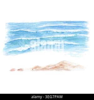 Tropische Strandlandschaft mit blauen Ozeanwellen und Sandstrand. Handgemalte Küstenelemente isoliert auf weiß für Sommerdesign Stockfoto