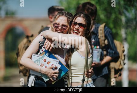 Zwei Teenager-Freunde umarmen und lachen draußen auf dem Campus mit Rucksäcken und Notizbüchern Stockfoto