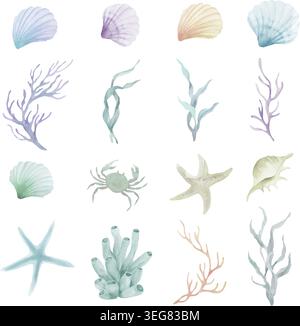 Watercolor Marine Life Elements Set: Handbemalte Meeresschalen, Seestern, Krabben, Algen, Korallenriff isoliert auf weiß für Sommerdesign. Vektor-EPS. Stock Vektor