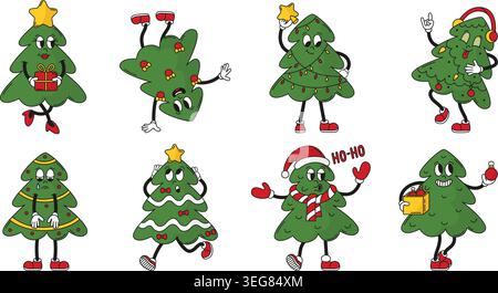 Weihnachtsbaum lustige Charaktere. Groovige Tannen mit Dekorationen, weihnachtssymbolen. Isolierte Neujahrsdekoration mit Kugeln und Girlanden, neoterisch Stock Vektor
