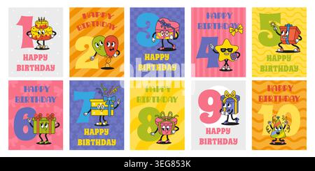 Groovige Geburtstagskarten. Kinder im Monat oder in Jahren zählen von 1 bis 10. Lustiger Kuchen, Ballons, Geschenkbox. Ich feiere druckbare Banner, Neoterie Stock Vektor