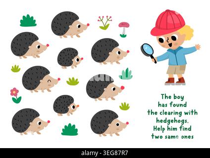 Finde zwei Igel. Waldtiere passende Aktivität für Kinder. Quiz-Arbeitsblatt zur Schulung von Wäldern für Kinder zur Aufmerksamkeit. Bedruckbar für Tiere Stock Vektor