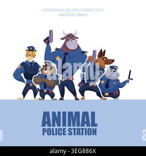 Polizeitier. Comicfiguren auf der Polizeiwache. Vorlage für Vektorposter Stock Vektor