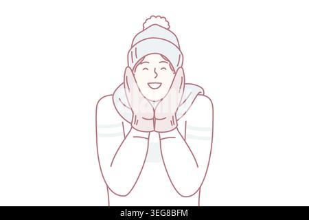 Glücklicher Mann in Pullover und lächelnde Fäustlinge Genießen Sie kaltes Wetter und freuen Sie sich auf die feiertage im dezember. Ein positiver junger Mann mit Wintermütze und Schal steht draußen zwischen herabfallenden Schneeflocken. Flaches Vektordesign Stock Vektor