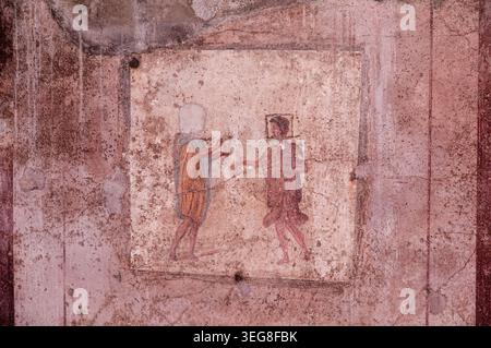 Das Fresko befindet sich in der Bar-Lupanar Osteria della Via di Mercurio (VI 10, 1,19) in der antiken römischen Stadt Pompeji Stockfoto
