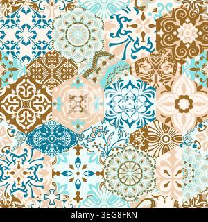 Nahtlose, farbenfrohe Fliesen mit mediterranen Motiven. Gaudi-Mosaik. Keramikfliesen im talavera-Stil. Vektorabbildung Stock Vektor