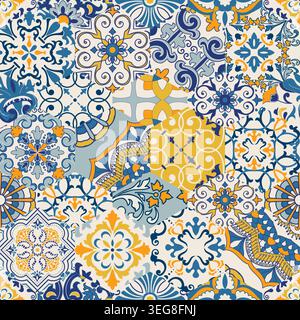 Nahtlose, farbenfrohe Fliesen mit mediterranen Motiven. Gaudi-Mosaik. Keramikfliesen im talavera-Stil. Vektorabbildung Stock Vektor