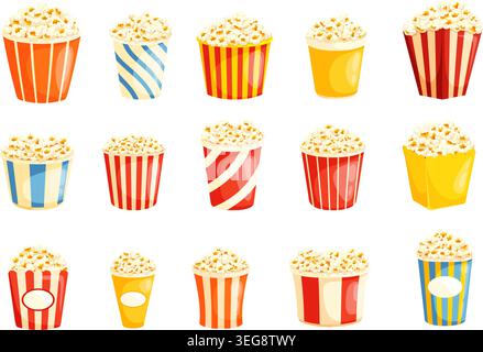 Comic Popcorn Becher. Pop Maiseimer, Kino Theater Feiertagssnack in Pappbecher kleine große Papierkarton süße Salz Cornes Eimer tv Unterhaltung Essen, Kicky Vektor Illustration Original Kunstwerk Stock Vektor