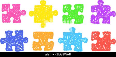 Puzzleteile. Puzzle Stück Kind Hand gezeichnet Symbol Kreide Logo Symbol Kinder Autismus intellektuelle Logik Spiel Spaß Spielzeug Zeichentrick Farbe Bleistift Grunge qualitative Vektor Illustration Original Kunstwerk Stock Vektor
