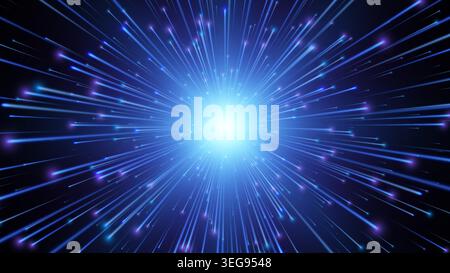 Abstrakter blauer Lichtgeschwindigkeits-Burst-Hintergrund mit leuchtenden Energiestrahlen Stock Vektor