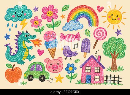 Handgezeichnete Buntstifte und bunte Kinderkunst Stock Vektor