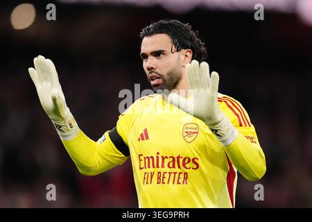 Arsenal Torhüter David Raya reagiert während des Premier League-Spiels im Emirates Stadium in London. Bilddatum: Montag, 18. Mai 2026. Stockfoto