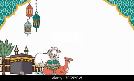Islamische Design-Illustration für glückliches eid al adha Opferfeier Ereignis mit Lichtern, kaaba, Kamel, Schaf, Kopierraum für Web-Landingpage, Banner Stock Vektor