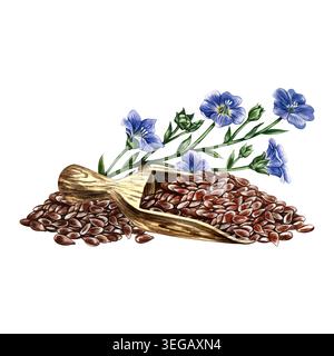 Leinsamen in einer hölzernen Schaufel, Flachsblumen. Handgezeichnete Aquarellillustration. Perfekte Zusammensetzung für Etiketten und Verpackungen sowie Banner Stockfoto