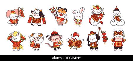 Tiere mit chinesischen Kostümen. Kawaii-Fauna-Charaktere, lustige Silvester-Symbole, Horoskop-Schilder in traditioneller Kleidung, Mondfestfestfestlichkeit Stock Vektor