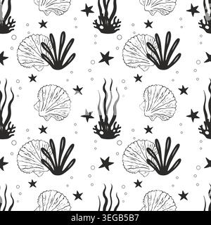 Nahtloses Schwarz-weiß-Marinemuster mit minimalistischen Muscheln, Meeresalgen und Meeressternen für moderne Badezimmereinrichtung und Stoffdesign. Vektorillustraten Stock Vektor