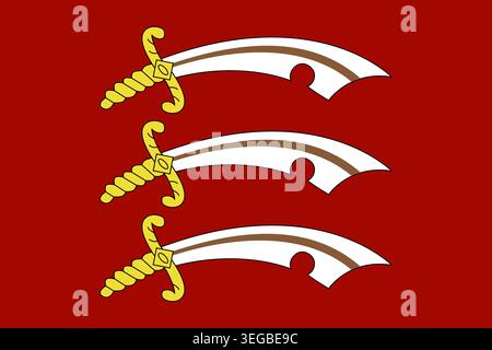 County-Flagge von Essex, England mit drei weißen sächsischen Seaxen auf Rot. Repräsentiert die Region Essex, das englische Erbe und die historische Identität Stockfoto
