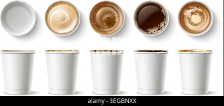 Zum Mitnehmen von Kaffeetassen. Realistische Papiergläser für heiße Getränke. Mockups von Einwegbechern aus Pappe für Cappuccino, Espresso und Latte. Tischgeschirr oben Stock Vektor