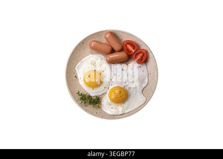 Essen, gebratene Hühnereier, Würstchen, Kirschtomaten, Kichererbsen, Gewürze, Salz und Kräuter. Leckeres, nahrhaftes Frühstück Stockfoto