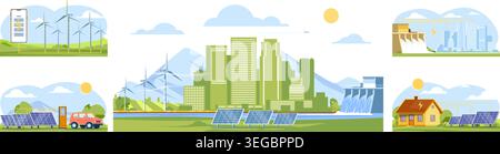 Szenen im Zusammenhang mit alternativen Energiequellen. Solar-, Wind- und Wasserkrafterzeugung. Umweltfreundliche Technologien. Erneuerbar oder Stock Vektor