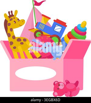 Spielzeugbox für Kinder. Kindliche humanitäre Hilfe in Containern. Spenden für Kleinkinder. Bunte Pyramiden oder Autos. Plüschtiere. Zug und Hase Stock Vektor