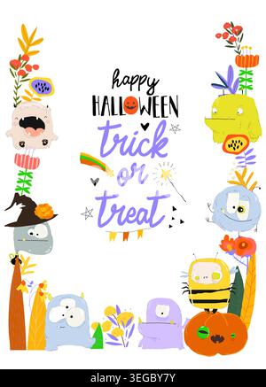 Cartoon Halloween Blumenrahmen Mit Lustigen Monstern Stock Vektor