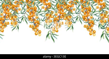 Sanddornzweig nahtlose Grenze. Reife Orangenbeeren und grüne Blätter hängen darüber. Handgezeichnete Aquarellillustration, isoliert. Geeignet für Stockfoto