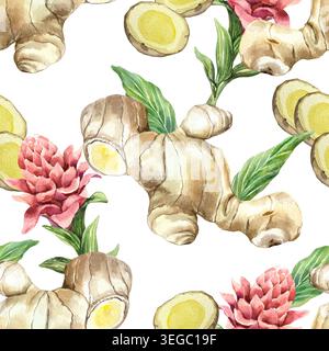 Ingwerwurzel nahtloses Muster mit Scheiben, grünen Blättern und Blüten. Handgezeichnete Aquarellillustration, isoliert. Asiatische natürliche scharfe Zutat für Stockfoto