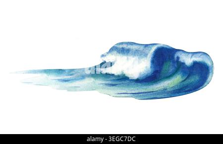 Eine handgemalte Aquarellillustration einer abstürzenden Meereswelle mit weißem Meeresschaum. Mit wunderschönen blauen und türkisfarbenen Wasserspritzern und Verläufen Stockfoto