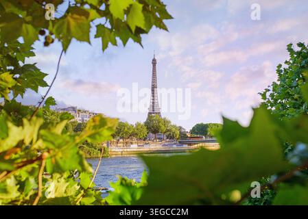 Paris Eiffelturm in Frankreich, isoliert am blauen Himmel. Reiseziel, Kopierraum. Stockfoto