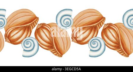 Nahtloser Rand in Aquarellfarben mit handgezeichneten Muschelmuscheln. Nautische Wiederholungsmuster mit Muscheln. Kinder-, nautische und Reisethemen. Anzug Stockfoto