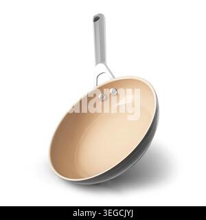 Professionelle Keramische Antihaftpfanne Isoliert Auf Weißem Hintergrund. Hochleistungs-Sauté-Skillet mit cremefarbener Innenausstattung. Modern Und Umweltfreundlich Stockfoto