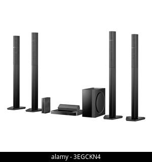 Professionelles 5,1-Kanal-Home Entertainment-System Mit Kabellosem Subwoofer, Isoliert Auf Weißem Hintergrund. Leistungsstarkes 340 W akustisches Audioset mit Stockfoto