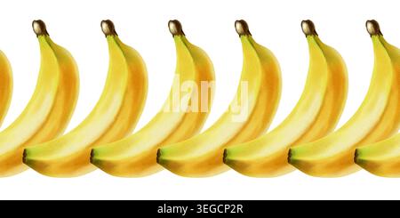 Aquarellillustration nahtloser Rand von Reifen gelben Bananen. Handgezeichnetes Muster mit tropischen Früchten. Botanische Kunst für Lebensmittelverpackungen, Stoffe, Tapeten Stockfoto