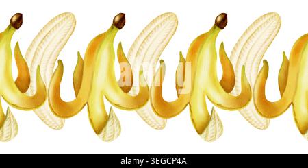 Aquarellillustration nahtloser Rand von Reifen gelben Bananen. Handgezeichnetes Muster mit tropischen Früchten. Botanische Kunst für Lebensmittelverpackungen, Stoffe, Tapeten Stockfoto