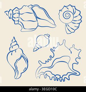 Handgezeichnete Muscheln im Linienart-Doodle-Stil für Hochzeits- oder Veranstaltungsdekorationen, Menüs und Sommerurlaub am Meer Stock Vektor