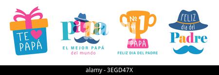 TE amo Papa, bunte spanische Abzeichen-Kollektion mit Geschenk, farbigen Buchstaben, Hut, Schnurrbart und Tasse. Übersetzung - Ich liebe dich, Dad, bester Dad im Wort Stock Vektor