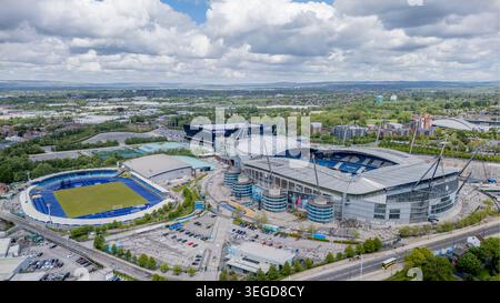 Etihad-Stadion, Manchester, England. Luftaufnahme des Heimfußballplatzes von Manchester City im Osten Manchesters. Stockfoto
