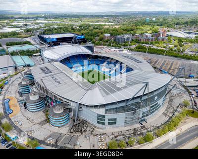 Etihad-Stadion, Manchester, England. Luftaufnahme des Heimfußballplatzes von Manchester City im Osten Manchesters. Stockfoto