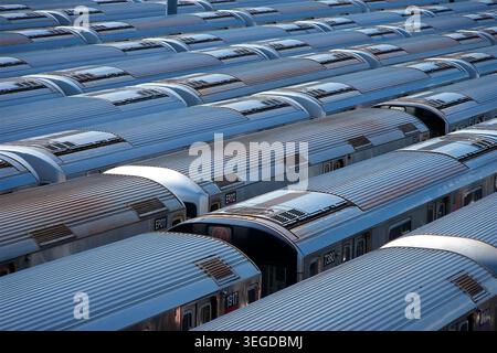 Blick auf U-Bahn-Wagen, die auf einem Bahnhof mit Wellblechdächern und Seitenfenstern geparkt sind New York, New York, USA. Stockfoto