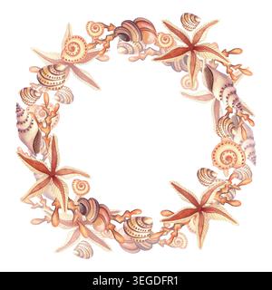 Aquarellrahmen mit Muscheln und Seesternen, isoliert. Kranz mit Unterwasserpflanzen und Schalentieren in braunen und orangen Farben. Handgezeichnete Illustratio Stockfoto