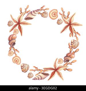 Aquarellrahmen mit Muscheln und Seesternen. Kranz mit Unterwasserpflanzen und Schalentieren in braunen und orangen Farben. Handgezeichnete Abbildung für Karte Stockfoto