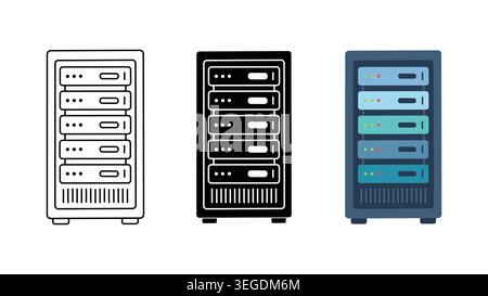 Server-Rack-Symbole in Umrissen gesetzt, schwarz durchgehend und farbig isoliert auf weißem Hintergrund Stock Vektor