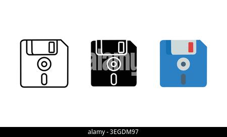 Auf der Diskette werden Symbole in Kontur, Schwarz und Farbe auf weißem Hintergrund gespeichert Stock Vektor